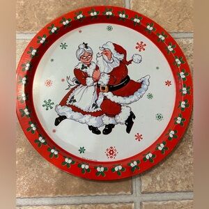 VTG Currier And Ives Tin Christmas Seasonal Holiday Santa Mrs Claus Tray Red
